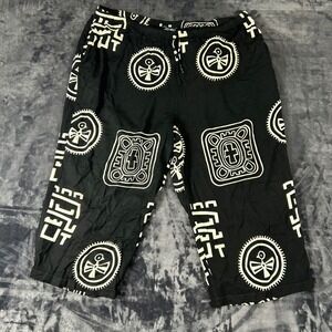 Ashro Cropped Pants Women XXL Black Tribal Geometric Print Rayon Culottes